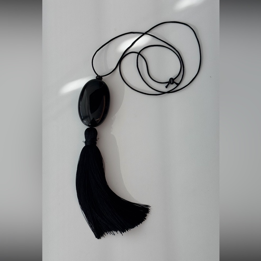 Elegant Large Black Obsidian Bean Design Tassel Necklace
